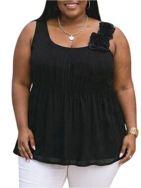 Perseption Plus Size 2X Top Black Sleeveless Floral Applique Detail